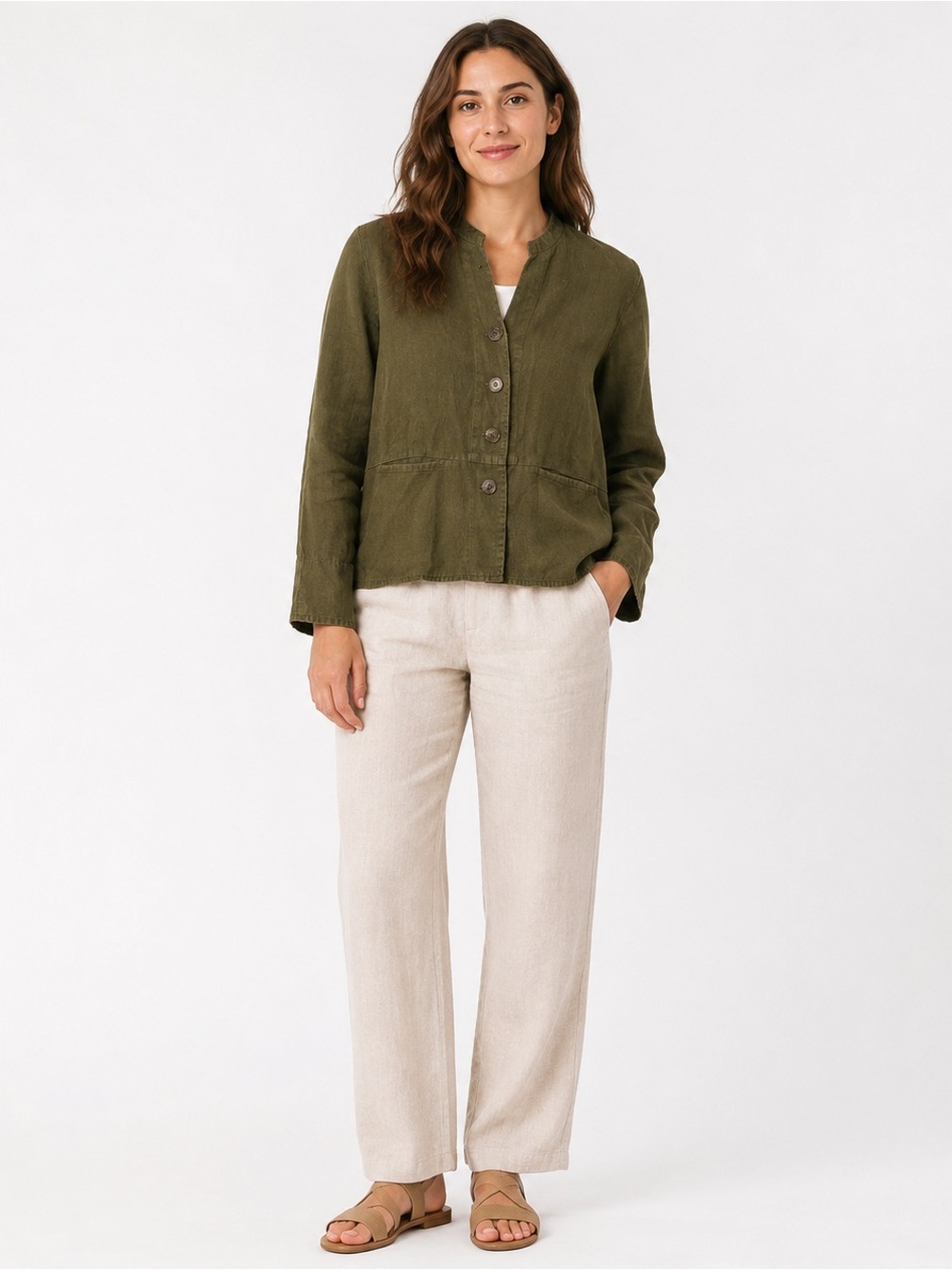 FLAX 100% Linen Olive Green Button Front Jacket‎ Petite